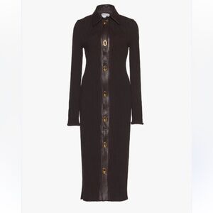 Bottega Veneta Brown Wool Blend Ribbed Dress with Leather Collar & Placket Small
